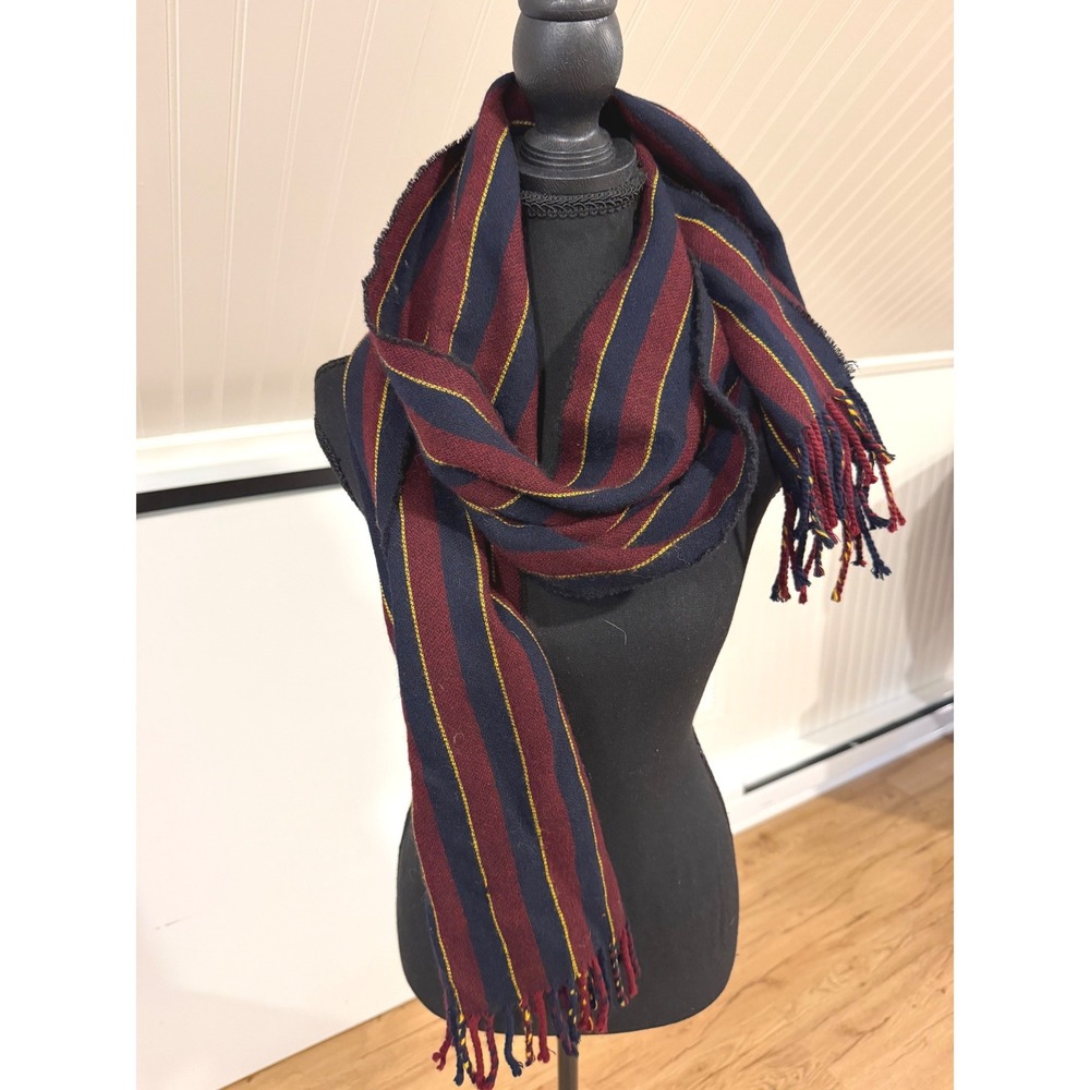 Made in Scotland 100% Wool Striped Scarf Navy Burgundy Yellow Fringe Ivy League